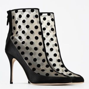 Manolo Blahnik Mukinka Ankle Boot | Black Polka Dot Mesh NEW Rare